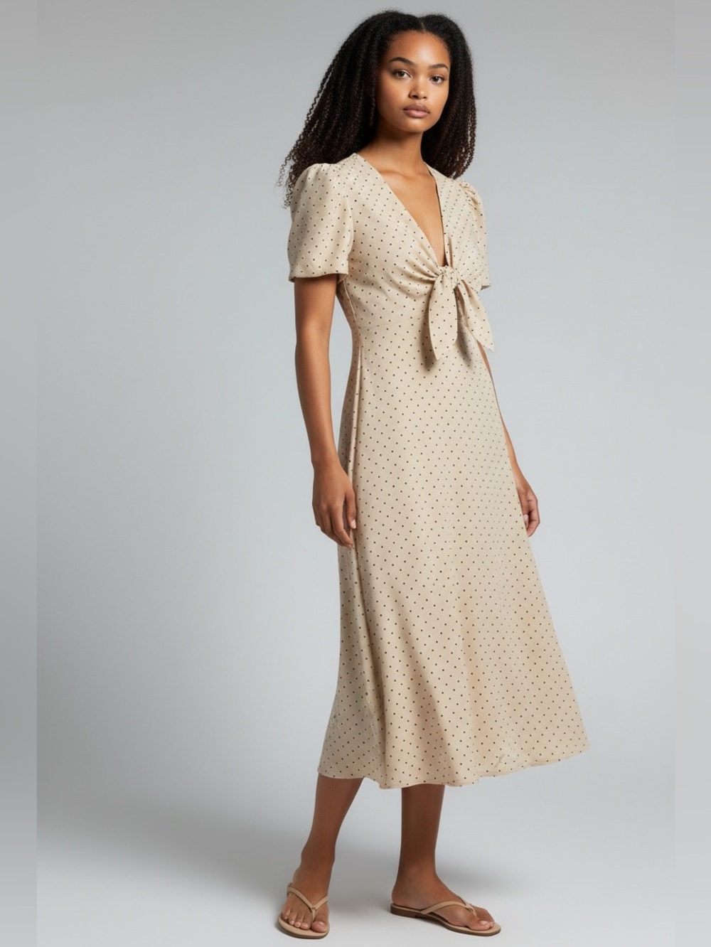 re:named Beige Polka Dot Midi Tie-Front Dress